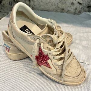 Golden Goose Ball Star LTD with fuchsia glitter star and light gray suede heel